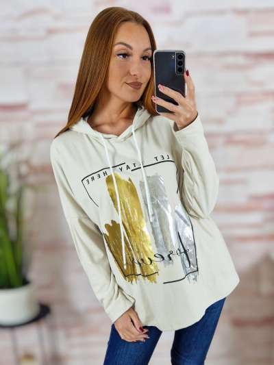 Kapucnis, mikroplüss anyagú, ejtett vállú pulóver M-L-XL