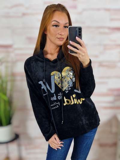 Kapucnis, bársonyos anyagú. ejtett vállú pulóver L-XL