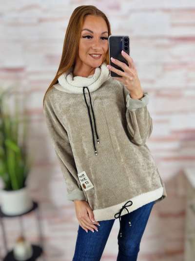 Alján megkötős, garbós és szőrmés nyakú, vastag anyagú pulóver M-L-XL