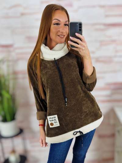 Alján megkötős, garbós és szőrmés nyakú, vastag anyagú pulóver M-L-XL