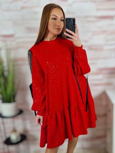 Csillámos, A vonalú, tüllös ujjú alkalmi ruha M-L