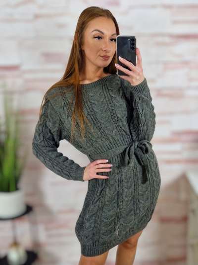 Csavart mintás, deréknál megkötős, kötött ruha S-M