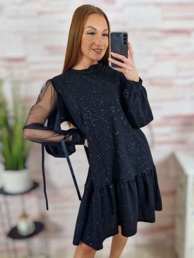 Csillámos, A vonalú, tüllös ujjú alkalmi ruha M-L