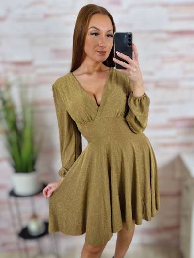 Mellnél átlapolt, csillámos anyagú, alkalmi ruha S-M