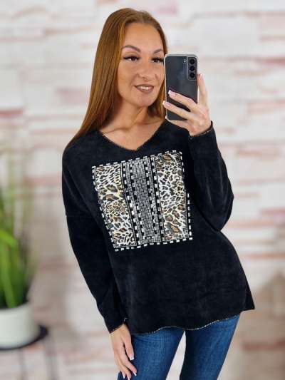 Köves és ezüstszálas díszítésű, vastagabb, bársonyos anyagú felső L-XL