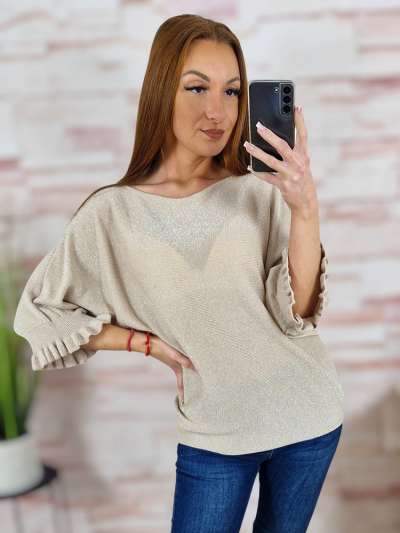 Ezüstszálas, denevér és fodros ujjú, vékony kötött anyagú felső M-L