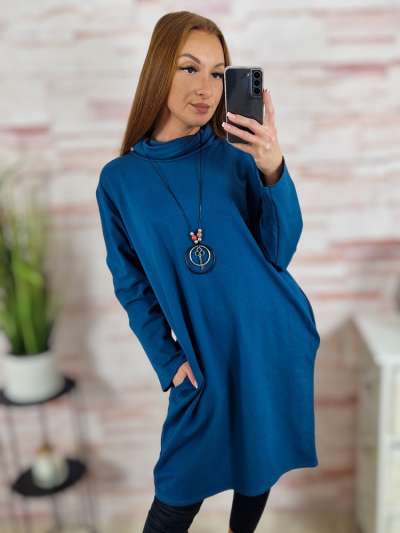 Garbós nyakú, zsebes, nyakláncos, pamut ruha L-XL