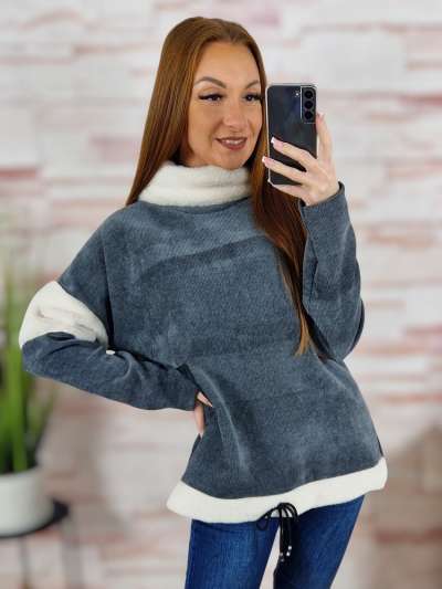 Alján megkötős, garbós és szőrmés nyakú, vastag anyagú pulóver L-XL