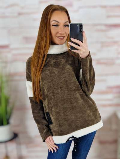 Alján megkötős, garbós és szőrmés nyakú, vastag anyagú pulóver L-XL