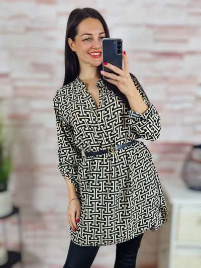 Mintás, hátul hosszított, öves ruha/tunika M-L