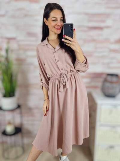 Deréknál megkötős, mellig gombos, roll-up ujjú ruha S-M-L