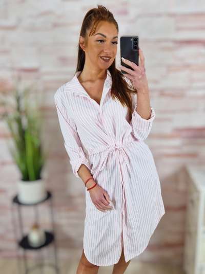 Csíkos, deréknál összehúzható, roll-up ujjú ingruha M-L