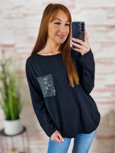Zsebnél flitteres, ejtett vállú, pamut felső L-XL