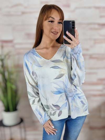 Virág és levélmintás, szűkülő fazonú, vékony kötött felső L-XL