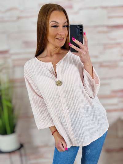 Csíkos, hátul hosszított, díszgombos, lenes anyagú felső L-XL