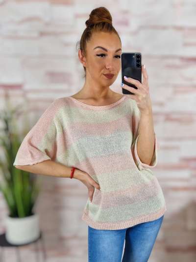 Csíkos, denevér ujjú, vékony kötött felső M-L