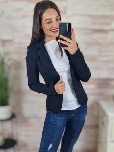 Válltöméses, gombos, karcsúsított, sötétkék blézer XS-L-ig