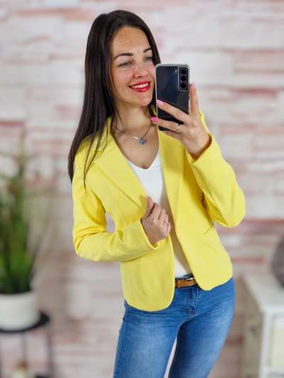 Válltöméses, gombos, karcsúsított, sárga blézer XS-L-ig
