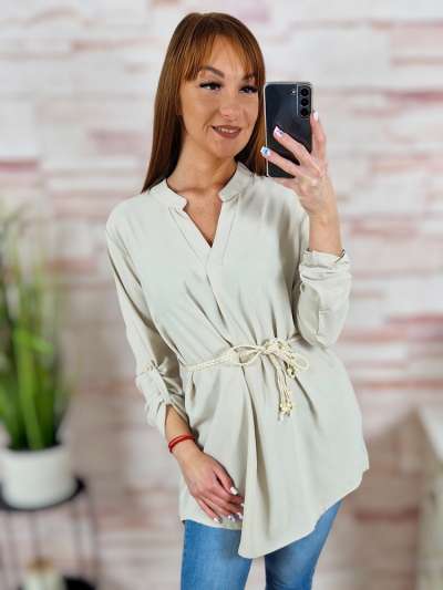 Hátul hosszított, roll-up ujjú, öves tunika S-M,L-XL