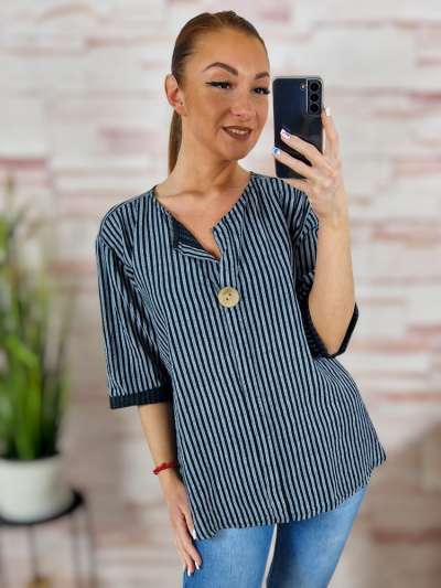 Csíkos, hátul hosszított, díszgombos, lenes anyagú felső L-XL