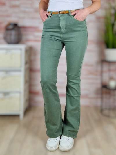 Bővülő szárú, öves, magas derekú, khaki trapéznadrág S-XXL-ig