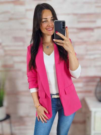 Karcsúsított, húzott ujjú, válltöméses, pink blézer S-XL-ig