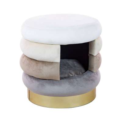 Csíkos bársonyszövet puff, kisállat házzal, bézs - TRIOPETS - Butopêa