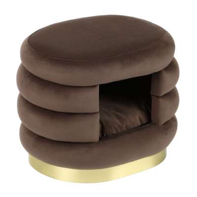 Bársonyszövet puff, kisállatházzal, barna - TRIOPETS - Butopêa