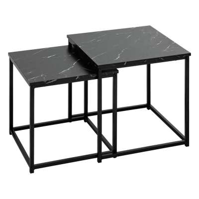 Dohányzóasztal 2 db-os szett, egymásba rakható, fa-fém, 40/36 cm, márványhatású fekete lap – FERVELLE - Butopêa