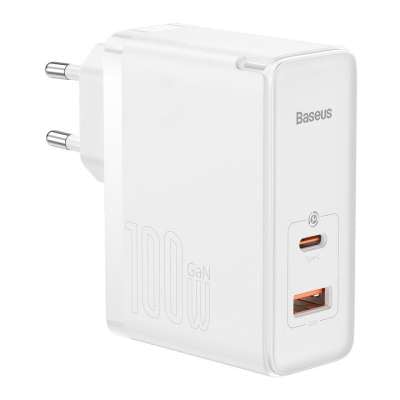 Baseus GaN5 Pro USB-C + USB hálózati töltő 100W + 1m USB-C kábel, fehér