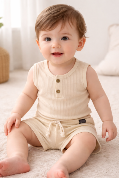 2 részes nyári szett- Minimal, bézs Méret: 68 (4-6hó)