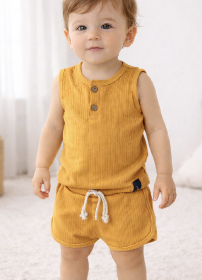 2 részes unixex nyári szett- Minimal, mustársárga Méret: 80 (9-12hó)