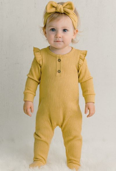 Rugdalózó hajpánttal- Lilla, mustársárga Méret: 74 (6-9hó)