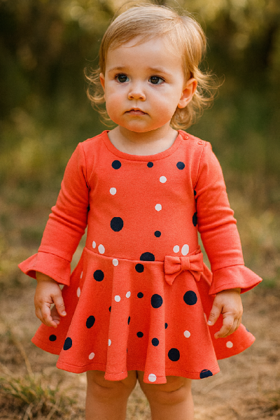 Hosszú ujjú kislány ruha- Pöttyök, lazacszín Méret: 80 (9-12hó)