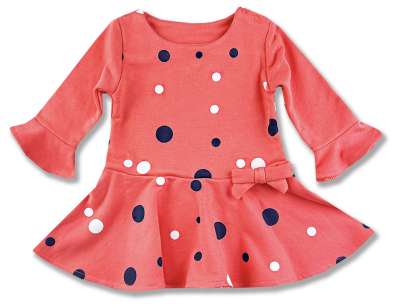 Hosszú ujjú kislány ruha- Pöttyök, lazacszín Méret: 86 (12-18hó)