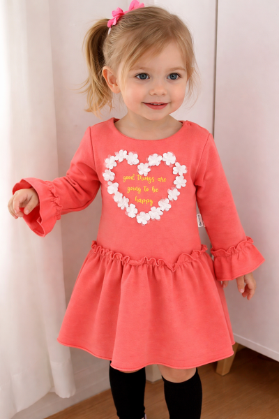 Lányka ruha- Szivecske, lazacszín Méret: 74 (6-9hó)