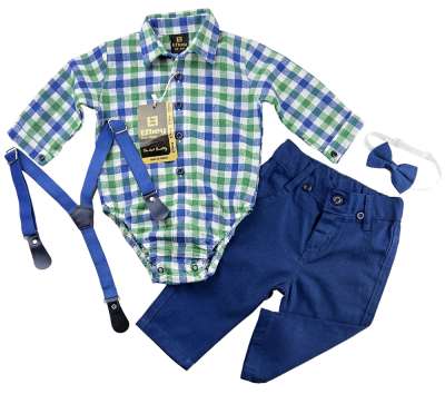 4részes elegáns fiús babaruha szett- Divat, kockás Méret: 74 (6-9hó)