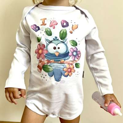 Egyedi baba body, hosszú ujjú- Bolondos madárka Méret: 98 (24-36hó)