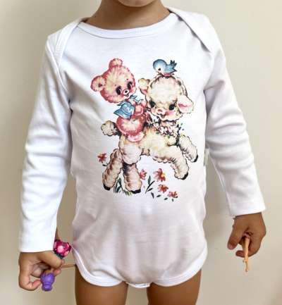 Egyedi baba body, hosszú ujjú- Macika és bárányka Méret: 62 (2-4hó)