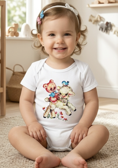 Egyedi baba body, rövid ujjú- Macika és bárányka Méret: 68 (4-6hó)