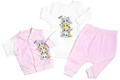 3részes babaruha szett- Macskás, vil. rózsaszín Méret: 68-74