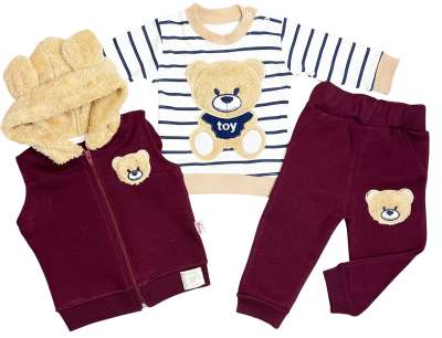 3 részes baba- és gyerekszett – Teddy, bordó Méret: 80 (9-12hó)