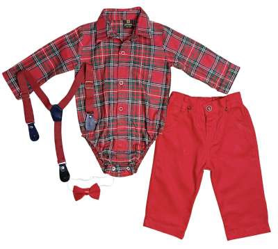 4részes elegáns fiús babaruha szett- Divat, Karácsony (piros) Méret: 74 (6-9hó)