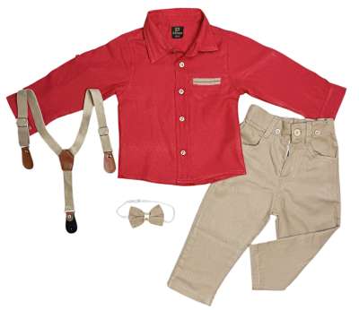 4részes elegáns fiús gyerekruha szett- Divat, piros-bézs Méret: 8 éves