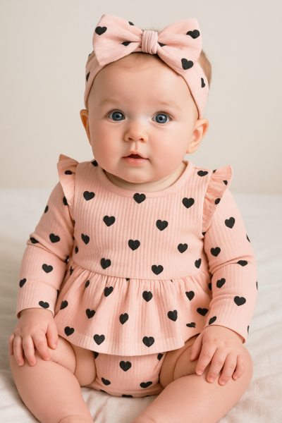 Kétrészes babaszett – Szívecskés, púderszínű Méret: 9 -12 hónap