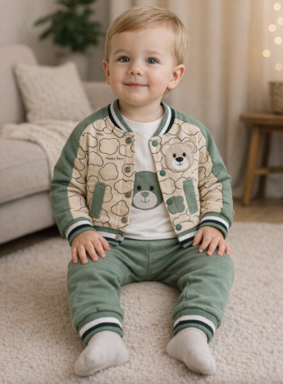 3részes babaruha szett- Maci, zöld Méret: 56-62