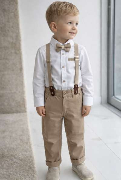 4részes elegáns fiús gyerekruha szett- Divat, bézs Méret: 7 éves