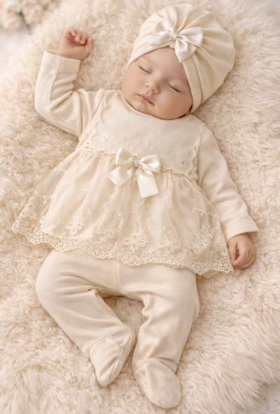 3 részes elegáns babaszett – Kis Angyal, világos bézs Méret: 62 (2-4hó)