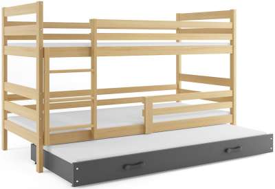 RAFAL 3 emeletes ágy pótággyal + AJÁNDÉK matrac + ágyrács, 90x220 cm, borovifenyő, grafit