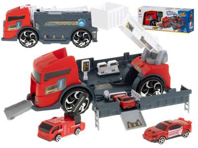 Szállító teherautó TIR 2in1 parkolóház tűzoltóság + 3 autó piros